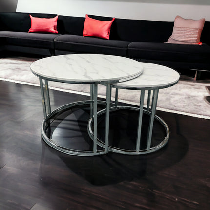 Pearl White & Silver Marble Effect Coffee Table Set of 2