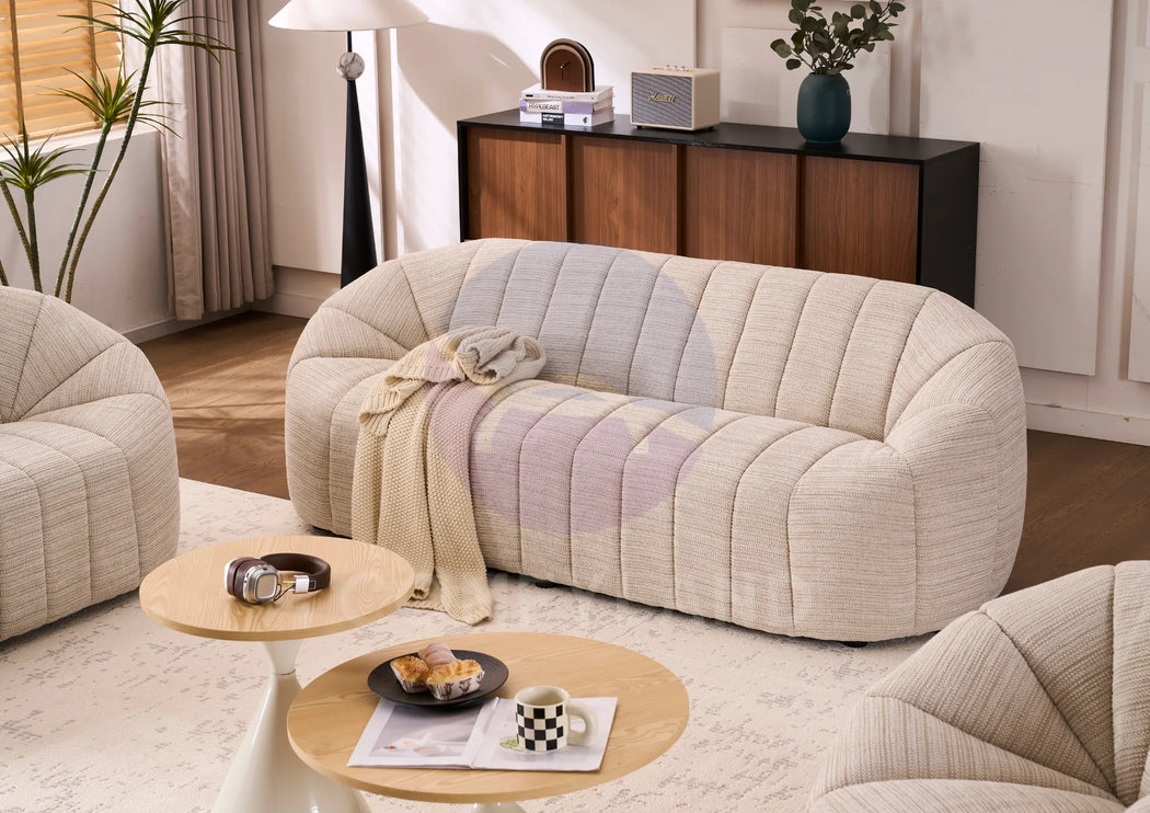 Serum Beige Textured Bouclé Curved Sofa