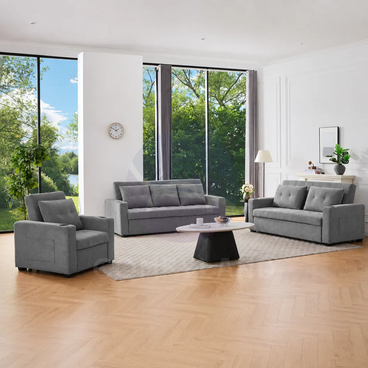 Grey Textured Chenille Pull-Out Sofa Bed