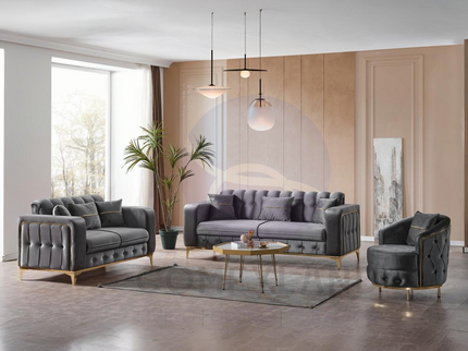 BERLIN Sofa Bed in Grey Velvet with Gold Detailing
