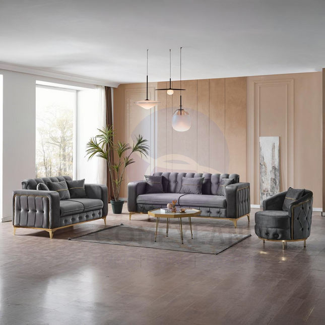BERLIN Sofa Bed in Grey Velvet with Gold Detailing