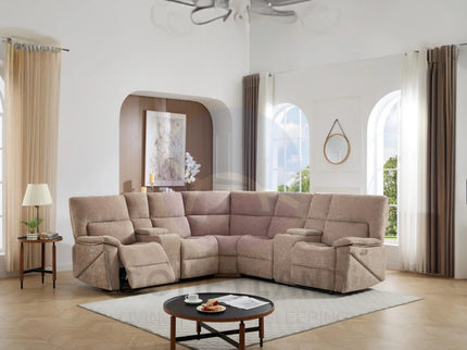 Premiere Beige Fabric Sectional Recliner Sofa with Dual Cup Holders