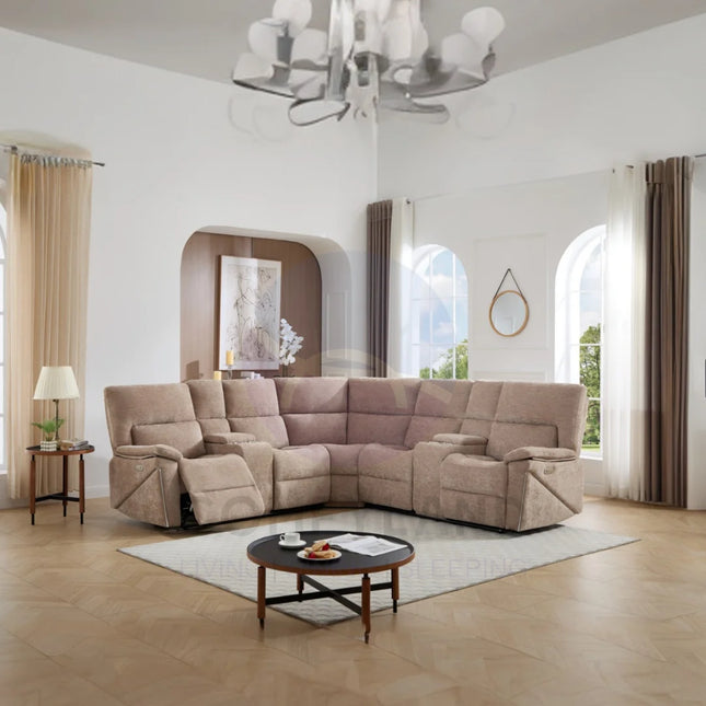Premiere Beige Fabric Sectional Recliner Sofa with Dual Cup Holders