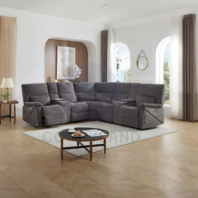 Premiere Grey Fabric Sectional Recliner Sofa with Dual Cup Holders