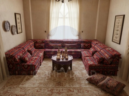 Arabic Majlis Floor Seating Modular U-Shape Corner Sofa Set, Bohemian Decor