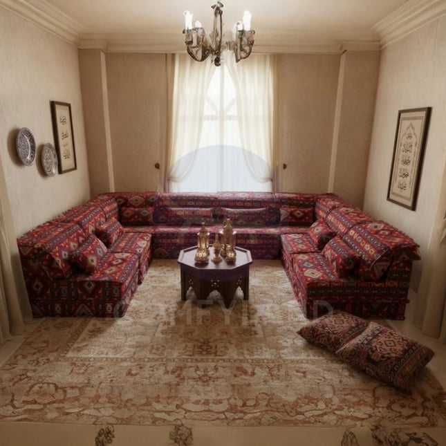 Arabic Majlis Floor Seating Modular U-Shape Corner Sofa Set, Bohemian Decor