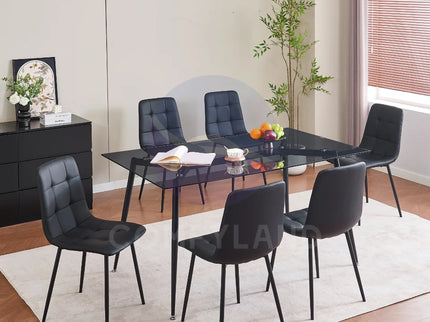 Black Clear Glass Dining Table With 6 Black Tufted Chairs Kitchen Dining Set