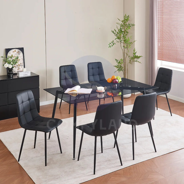 Black Clear Glass Dining Table With 6 Black Tufted Chairs Kitchen Dining Set