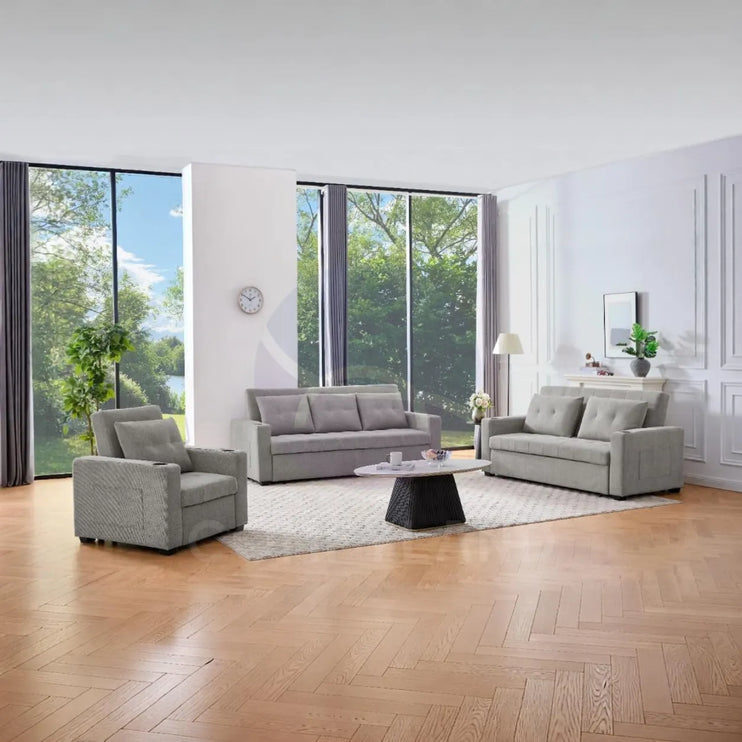 Beige Textured Chenille Pull-Out Sofa Bed