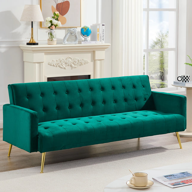 Green Velvet Convertible Sofa Bed with Gold Metal Legs Button Detail