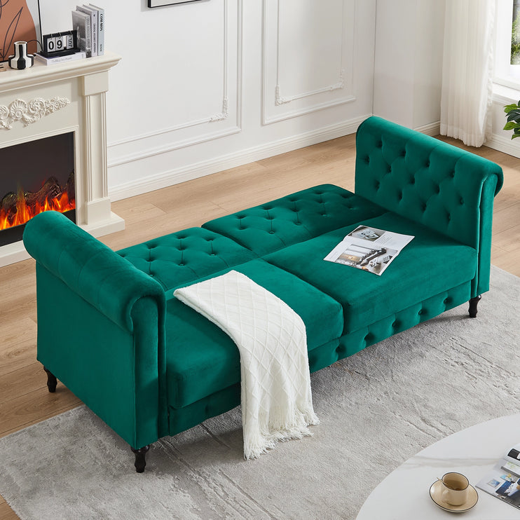 Tuscany Green Velvet Sofa Bed 3 Seater Button Detail