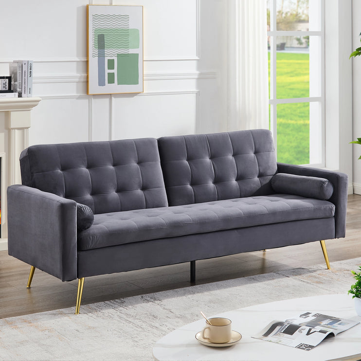 Velvet Grey 3 Seater Sofa Bed With Contrast Gold Metal Legs Button Detail Click Clack